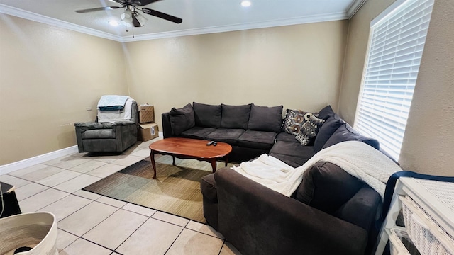 tiled living room featuring ceiling fan and crown molding