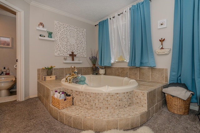 full bath with a textured ceiling, ornamental molding, a garden tub, and toilet