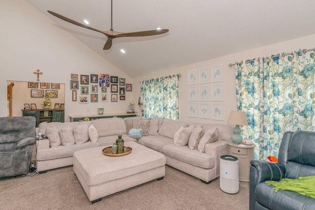 living area featuring lofted ceiling, carpet, a ceiling fan, and recessed lighting