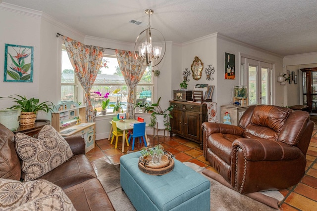 tiled living room featuring a chandelier, a textured ceiling, visible vents, french doors, and crown molding