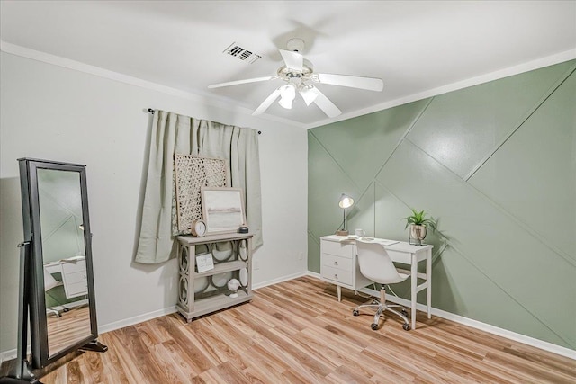 office with crown molding, ceiling fan, and light hardwood / wood-style flooring