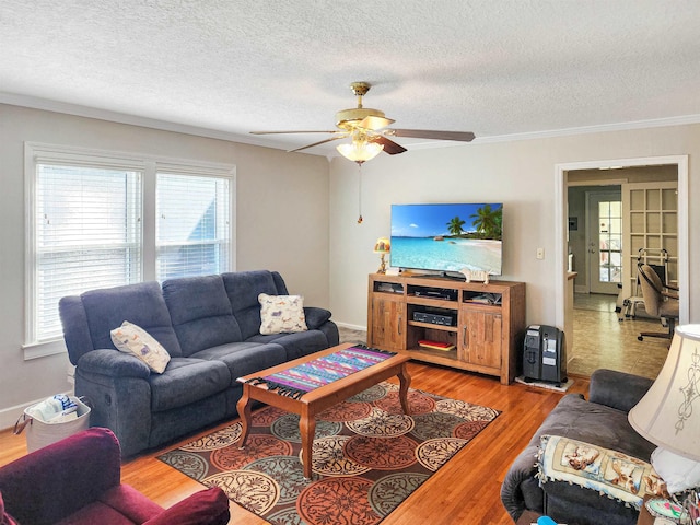 living room with wood-type flooring, a textured ceiling, ceiling fan, and crown molding