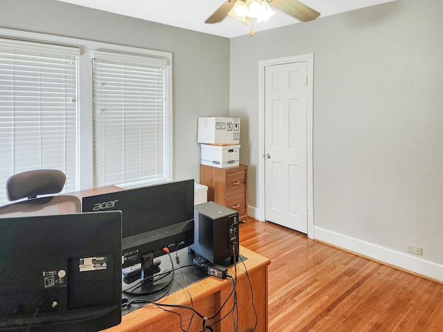 office space featuring ceiling fan and hardwood / wood-style flooring