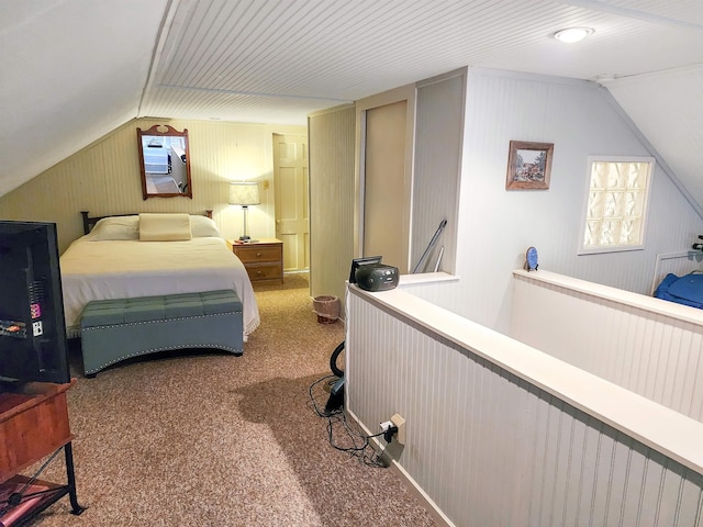 bedroom featuring carpet flooring and lofted ceiling