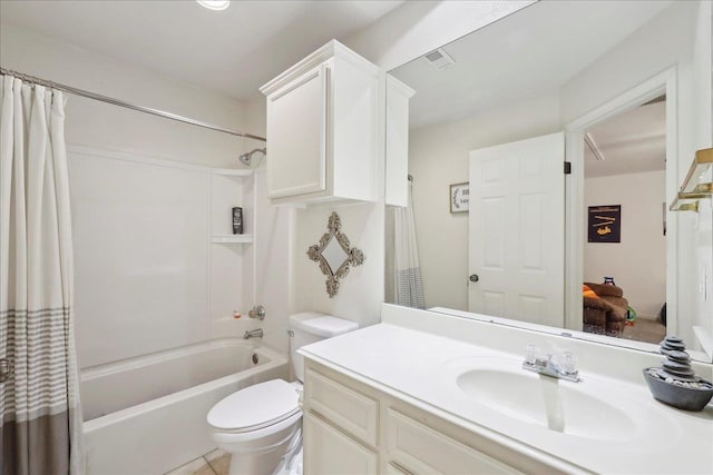 full bathroom featuring visible vents, toilet, shower / bath combo with shower curtain, and vanity