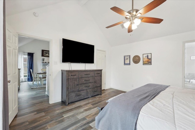 bedroom with high vaulted ceiling, wood finished floors, and a ceiling fan