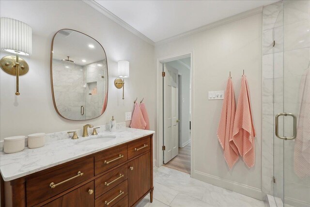 1210 Nottingham Ln, Beaumont, TX 77706 - full bathroom featuring vanity, a shower stall, ornamental molding, and baseboards