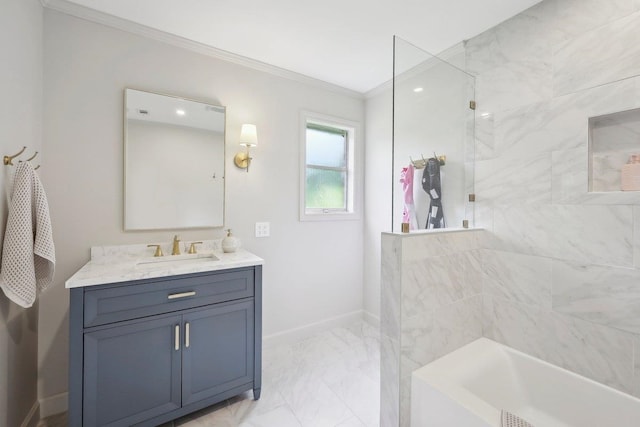 1210 Nottingham Ln, Beaumont, TX 77706 - bathroom featuring crown molding, a shower, vanity, a bathtub, and marble look tiles