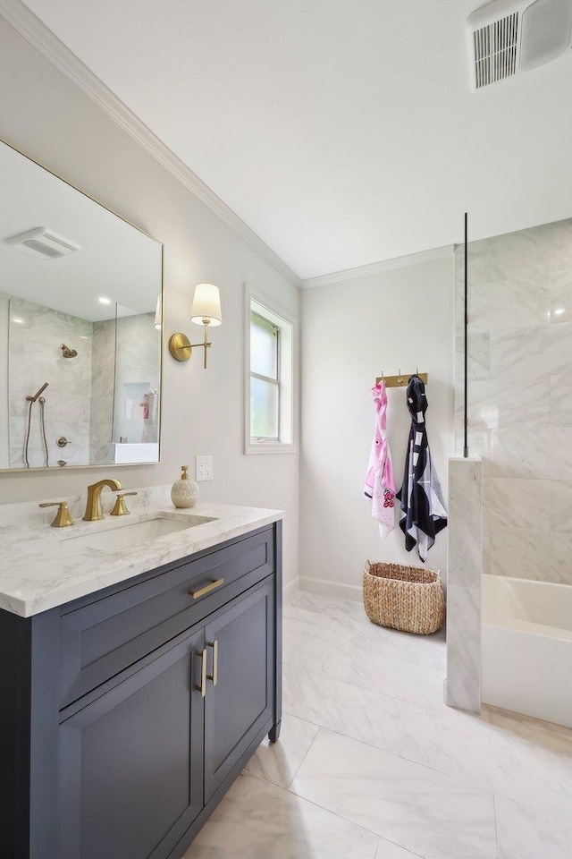 1210 Nottingham Ln, Beaumont, TX 77706 - bathroom featuring crown molding, vanity, and marble look tiles