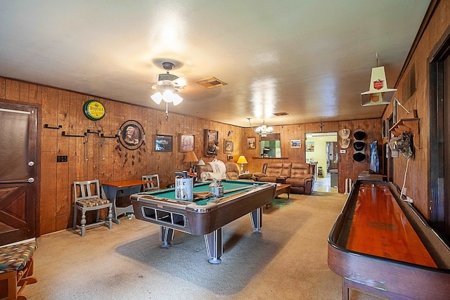 playroom featuring visible vents, pool table, a ceiling fan, and carpet floors