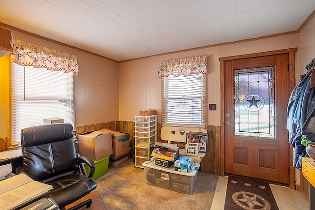 entrance foyer featuring wooden walls, crown molding, and carpet