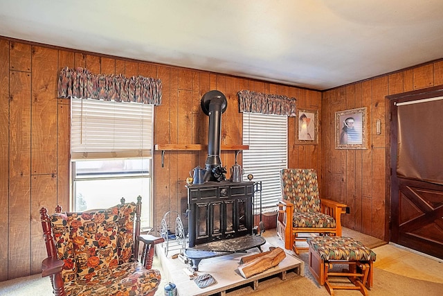 sitting room featuring wood walls and a wood stove