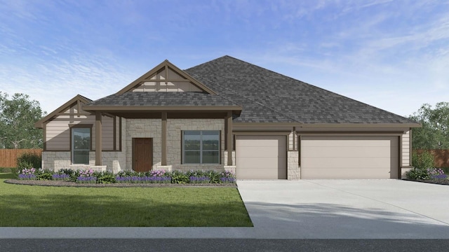 225 Sycamore Ct, Lumberton, TX 77657 - view of front of house with stone siding, a garage, roof with shingles, and driveway