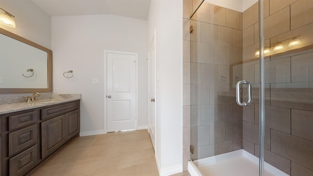 225 Sycamore Ct, Lumberton, TX 77657 - bathroom with vanity, a stall shower, tile patterned flooring, and lofted ceiling