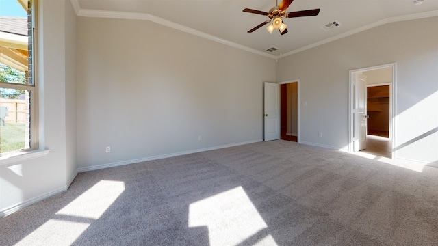 225 Sycamore Ct, Lumberton, TX 77657 - empty room with vaulted ceiling, light colored carpet, ceiling fan, ornamental molding, and a smoke detector