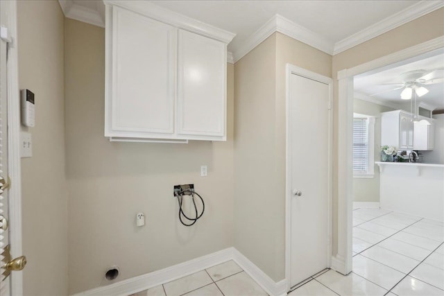 5210 Ada Ave, Beaumont, TX 77708 - laundry area featuring hookup for a washing machine, electric dryer hookup, crown molding, light tile patterned flooring, and ceiling fan