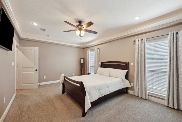 bedroom with light colored carpet, baseboards, crown molding, recessed lighting, and a ceiling fan