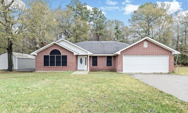 single story home with a garage and a front yard