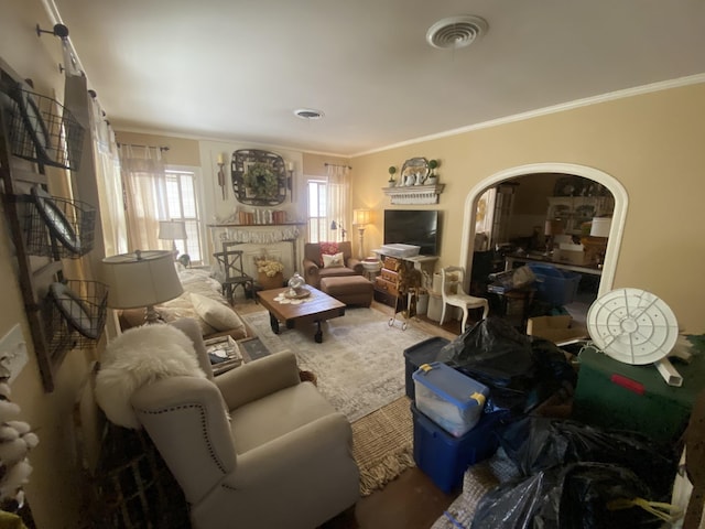 living room with crown molding and carpet