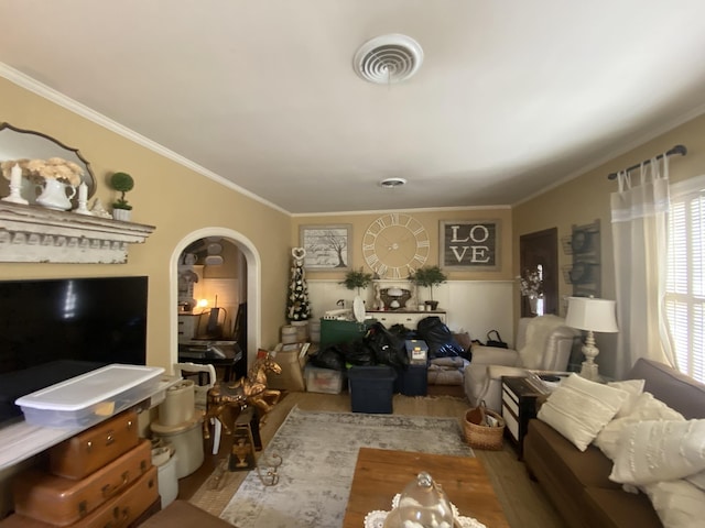 living room featuring ornamental molding