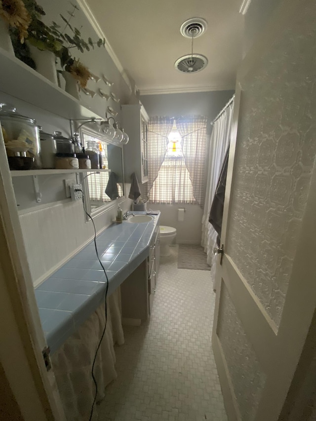 bathroom with toilet, ornamental molding, and sink