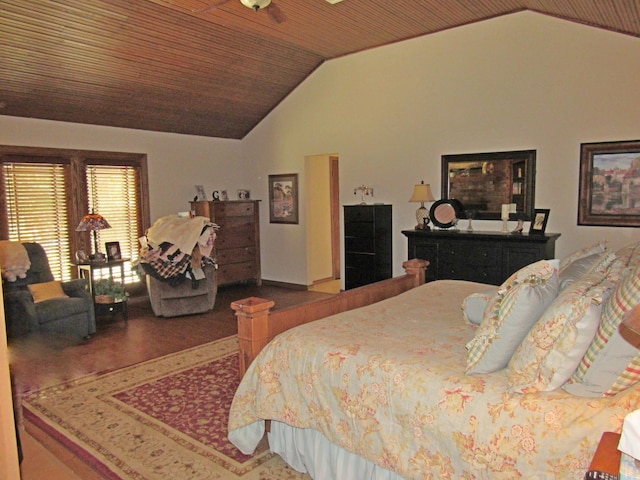 bedroom with wooden ceiling and lofted ceiling