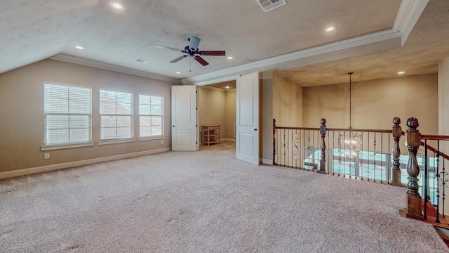 6570 Merrick Ln, Beaumont, TX 77706 - spare room with ceiling fan, crown molding, recessed lighting, carpet floors, and a textured ceiling