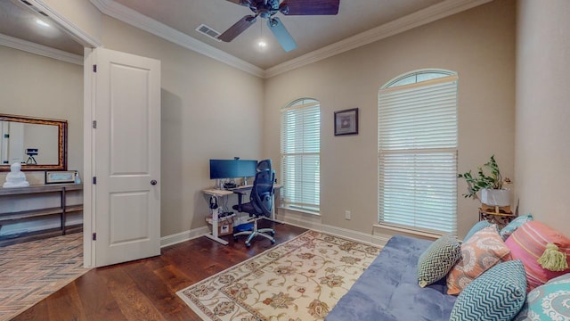 6570 Merrick Ln, Beaumont, TX 77706 - home office with wood finished floors, ceiling fan, and crown molding