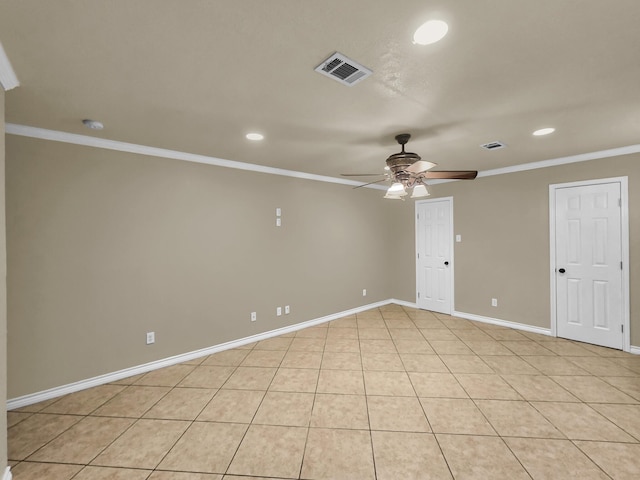 9570 Cumberland Dr, Beaumont, TX 77708 - empty room featuring ceiling fan, recessed lighting, ornamental molding, a smoke detector, and light tile patterned flooring