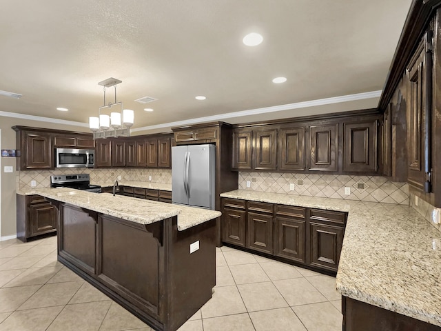 9570 Cumberland Dr, Beaumont, TX 77708 - kitchen featuring stainless steel appliances, light tile patterned floors, dark brown cabinetry, ornamental molding, and backsplash