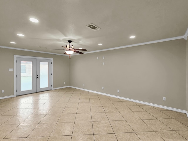 9570 Cumberland Dr, Beaumont, TX 77708 - empty room with ornamental molding, french doors, recessed lighting, a ceiling fan, and light tile patterned floors