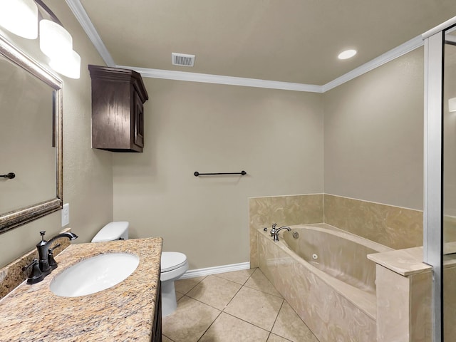 9570 Cumberland Dr, Beaumont, TX 77708 - bathroom featuring crown molding, a whirlpool tub, vanity, tile patterned flooring, and recessed lighting