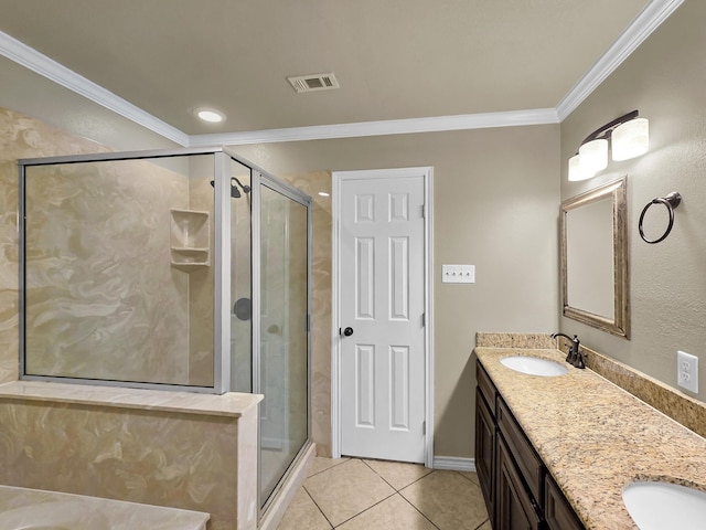 9570 Cumberland Dr, Beaumont, TX 77708 - bathroom featuring ornamental molding, double vanity, tile patterned flooring, and a shower stall