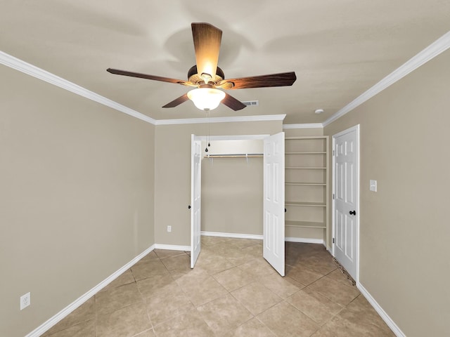 9570 Cumberland Dr, Beaumont, TX 77708 - unfurnished bedroom featuring crown molding, light tile patterned flooring, a closet, and ceiling fan