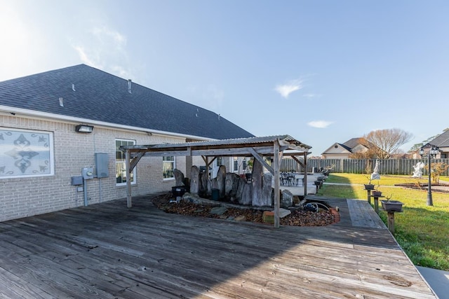 deck featuring fence and a yard