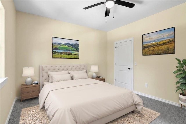 bedroom featuring ceiling fan and carpet