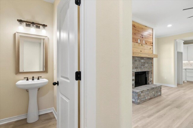 bathroom with hardwood / wood-style floors and a fireplace