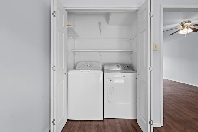 1003 Park Mdw, Beaumont, TX 77706 - washroom with washer and clothes dryer, a ceiling fan, dark wood-type flooring, and baseboards