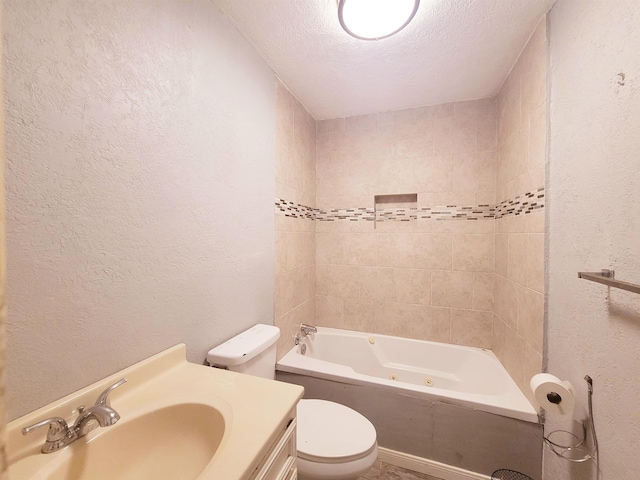 2210 Nora St, Beaumont, TX 77705 - full bathroom with a textured wall, a textured ceiling, vanity, and a combined bath / shower with jetted tub