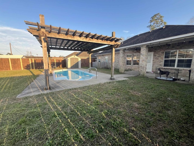 exterior space featuring a shed, a patio area, and a fenced backyard