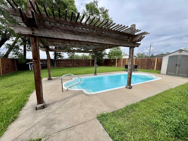 479 Reynolds Ln, Vidor, TX 77662 - view of pool with an outdoor structure, a pergola, a fenced backyard, a shed, and a lawn