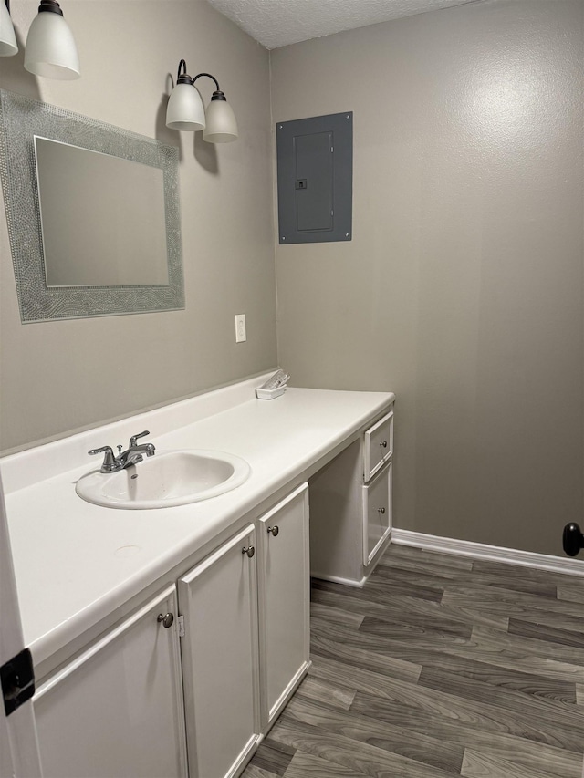 1445 Bahama Dr, Vidor, TX 77662 - bathroom featuring electric panel, vanity, and wood finished floors
