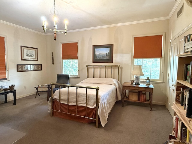 bedroom featuring carpet floors, ornamental molding, and a notable chandelier