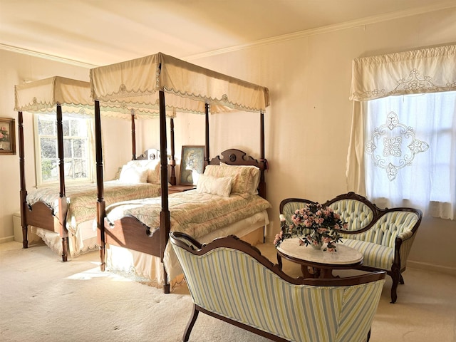 bedroom featuring ornamental molding and light carpet