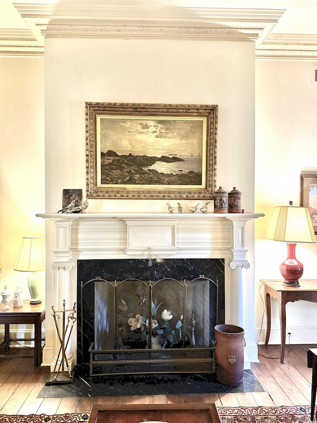 room details featuring crown molding, hardwood / wood-style floors, and a high end fireplace