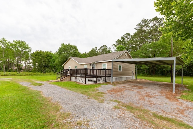 view of property exterior featuring a carport, a yard, driveway, and a deck
