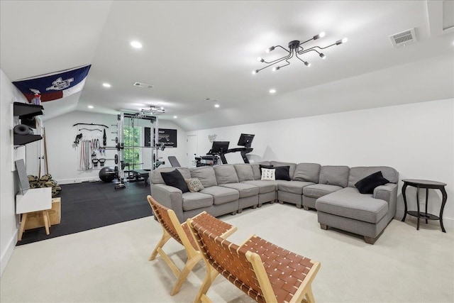 11109 County Road 701, Buna, TX 77612 - living area featuring vaulted ceiling, recessed lighting, light colored carpet, and baseboards