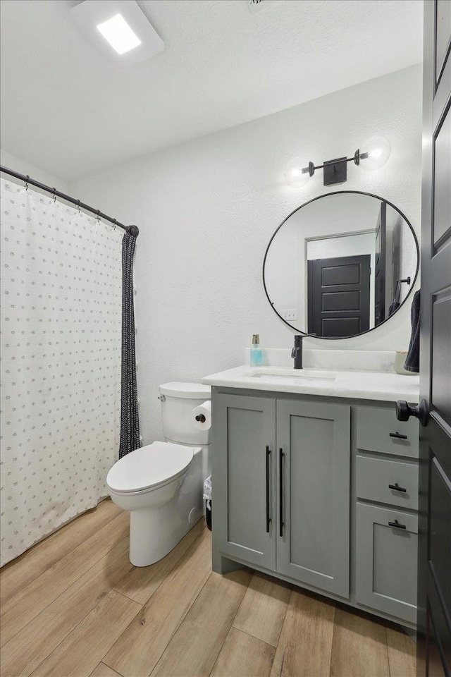11109 County Road 701, Buna, TX 77612 - bathroom with wood finished floors, toilet, vanity, and a shower with curtain