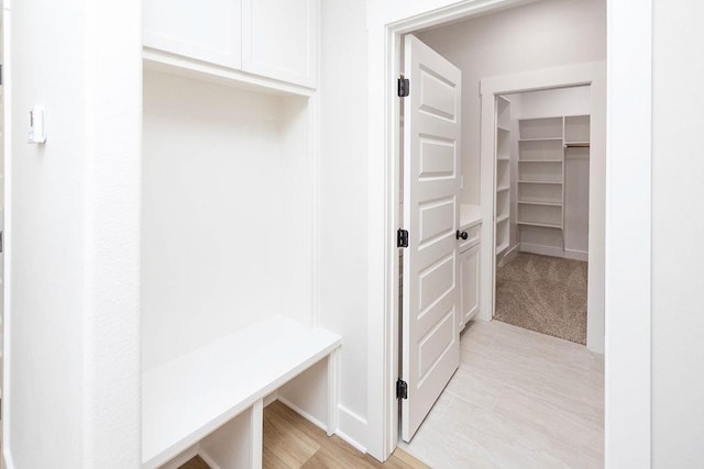 mudroom featuring light carpet