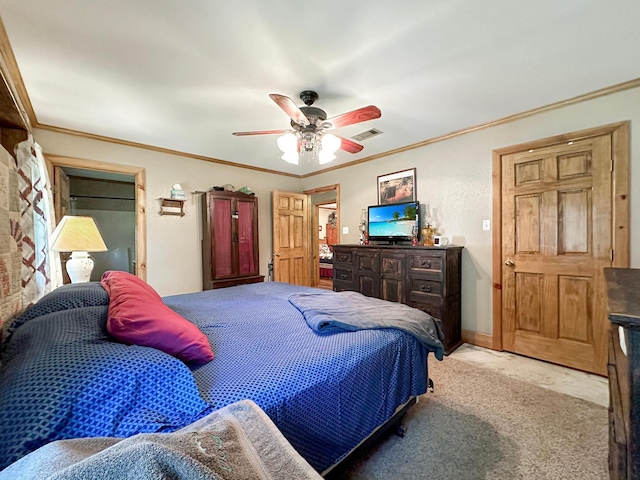 bedroom featuring ceiling fan, crown molding, and light carpet